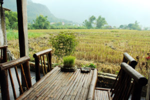 View of rice paddy fields from the cafe at The manmade "stream" at Mai Chau Countryside Homestay